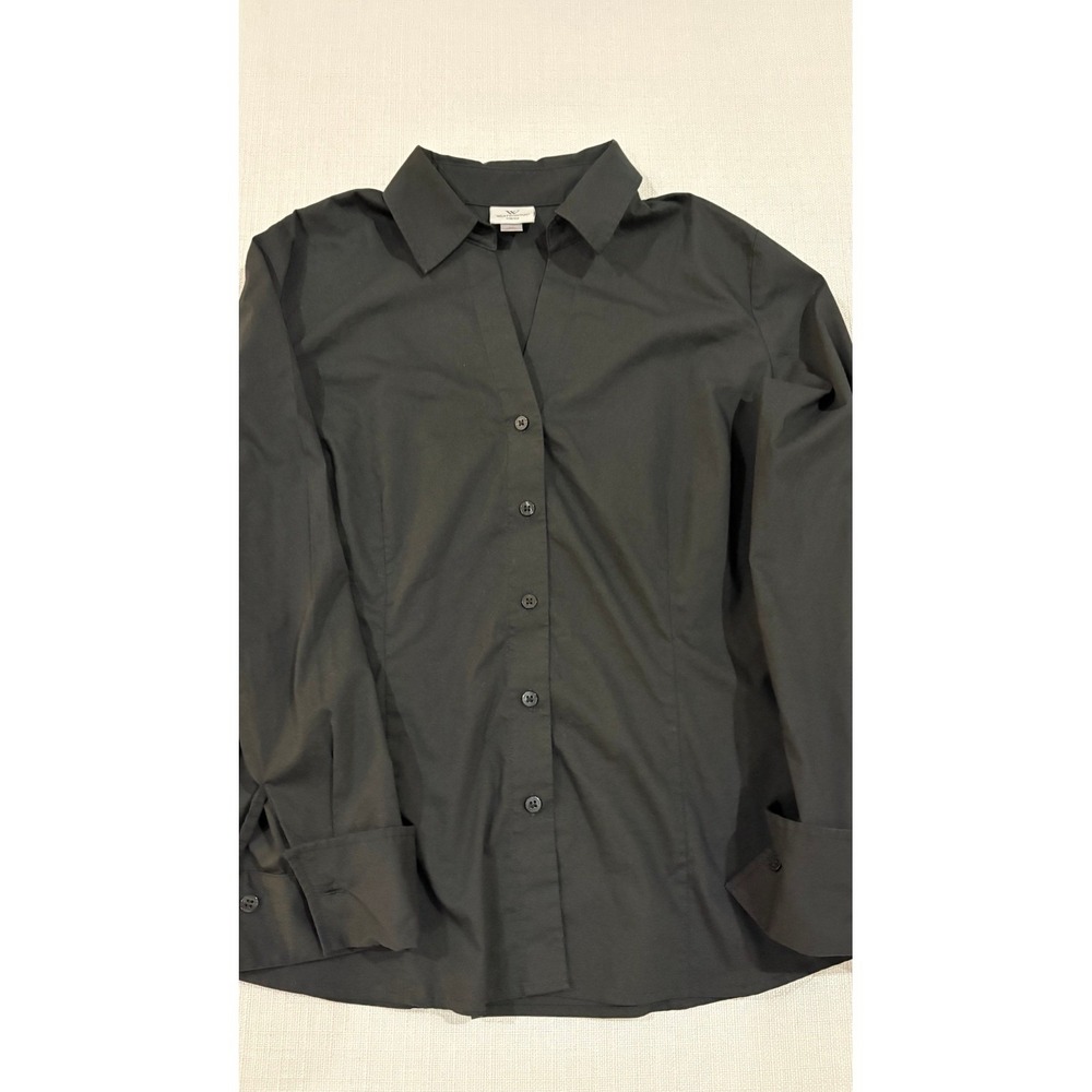 Worthington Button Up Shirt Women 14 Black Excellent Stretch Professional V-Neck